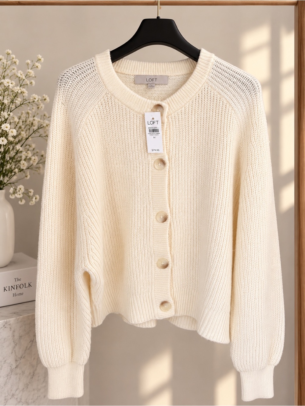 LOFT Cream Ribbed Button-Front Cardigan - Picture 2 of 3